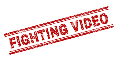FIGHTING VIDEO seal stamp with corroded texture. Red vector rubber print of FIGHTING VIDEO label with corroded texture. Text label is placed between double parallel lines.