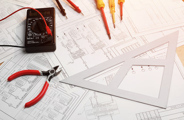 engineering drawing of the scheme of automatic heat supply in rooms, top view with screwdriver,...