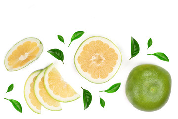 Citrus Sweetie or Pomelit, oroblanco with leaf isolated on white background with copy space for your text. Top view