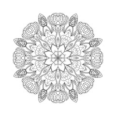 Black mandala on white backgraund. Isolated hand drawn circle ornament