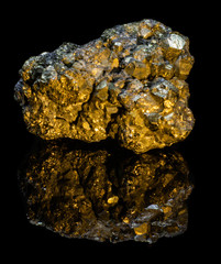 Small natural druse of pyrite on a black background with reflection