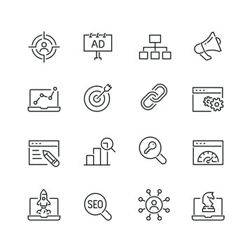 Seo Related Icons: Thin Vector Icon Set, Black And White Kit