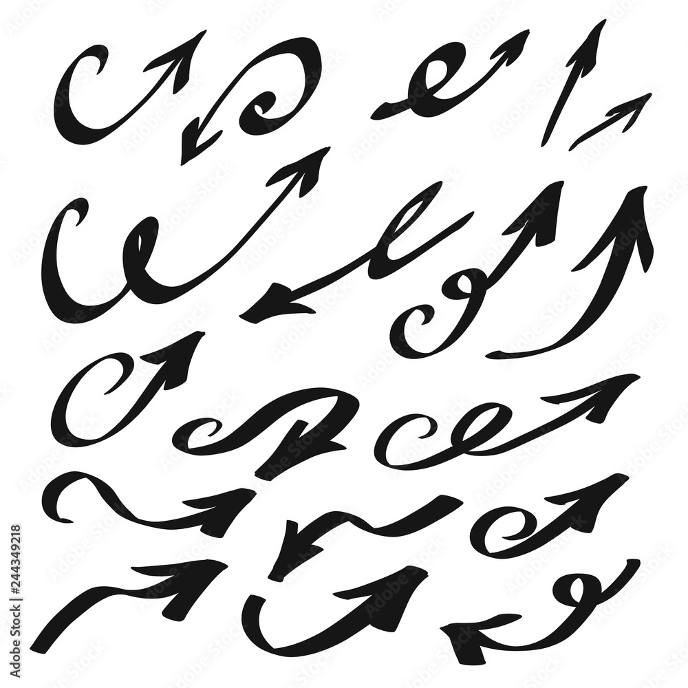 Poster set of arrow art abstract curved lines set hand draw style black isolated on white vector design ele