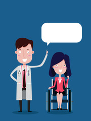 The doctor is preparing a speech bubble and businesswoman on the wheelchair are happily, Cartoon vector
