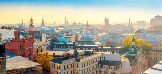 Panorama from above of evening Moscow, Moscow Kremlin and temples of the city. Russia