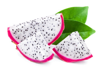 slice of Ripe Dragon fruit, Pitaya or Pitahaya isolated on white background, fruit healthy concept
