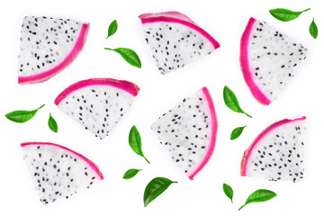 piece of Dragon fruit, Pitaya or Pitahaya isolated on white background. Top view. Flat lay