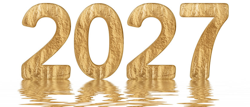 Inscription 2027, reflected on the water surface, isolated on  white, 3d render