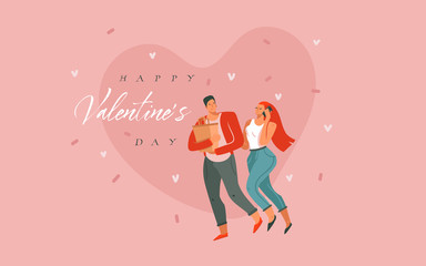 Hand drawn vector abstract cartoon modern graphic Happy Valentines concept illustrations art card with couple people together and Happy Valentines day text isolated on pink pastel background