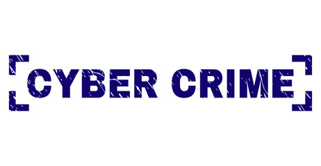 CYBER CRIME title seal print with distress style. Text title is placed inside corners. Blue vector rubber print of CYBER CRIME with unclean texture.