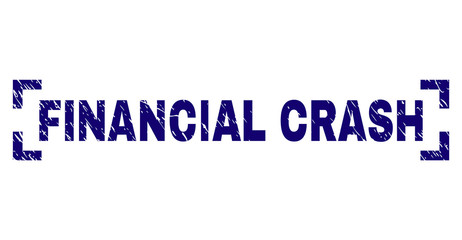 FINANCIAL CRASH text seal print with distress effect. Text title is placed inside corners. Blue vector rubber print of FINANCIAL CRASH with dirty texture.