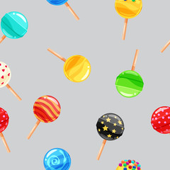 Seamless pattern colored candy lollipop, caramel on stick. Cute ornament for packaging, fabric, background, banner, poster, vector, illustration, isolated, cartoon style