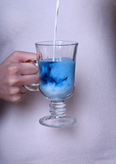 Blue tea Anchan with milk in an Irish glass in female hand