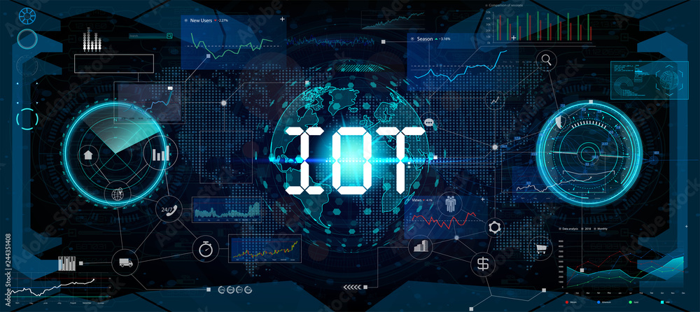 Aufkleber Global world telecommunication network connected around planet Earth, internet of things (IOT), devices and connectivity concepts on a network. Futuristic interface, vector