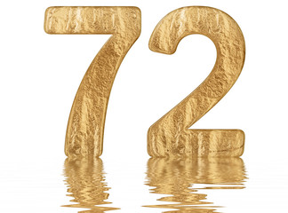 Numeral 72, seventy two, reflected on the water surface, isolated on  white, 3d render