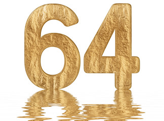 Numeral 64, sixty four, reflected on the water surface, isolated on  white, 3d render