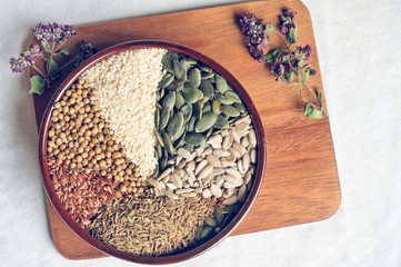 Spices and herbs in ceramic bowl. seasoning. Colorful natural additives.