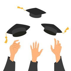 Concept of education, hands of graduates throwing graduation hats in the air.