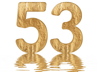 Numeral 53, fifty three, reflected on the water surface, isolated on  white, 3d render