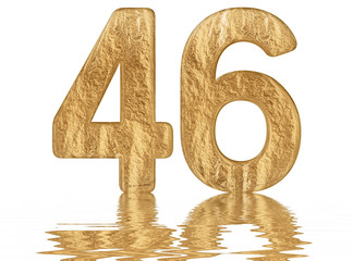 Numeral 46, forty six, reflected on the water surface, isolated on  white, 3d render