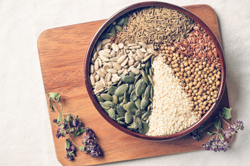 Spices and herbs in ceramic bowl. seasoning. Colorful natural additives.