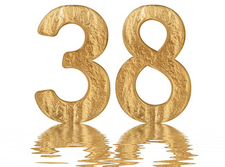 Numeral 38, thirty eight, reflected on the water surface, isolated on  white, 3d render