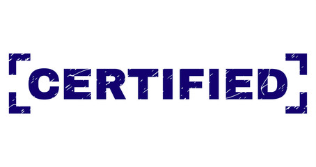 CERTIFIED text seal print with corroded texture. Text tag is placed inside corners. Blue vector rubber print of CERTIFIED with dust texture.