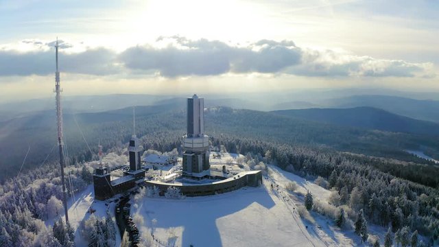 Aerial view, Flight along the transmission tower of the Hessischer Rundfunk in Winter, Grosser Feldberg, Hesse, Germany, Jan 2019