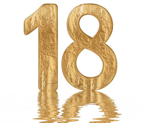 Numeral 18, eighteen, reflected on the water surface, isolated on  white, 3d rende