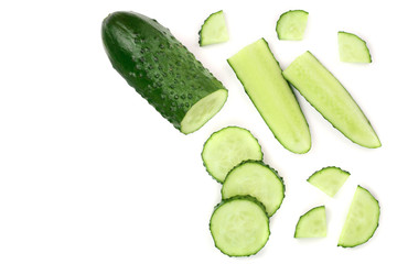 Cucumber slices isolated on white background with copy space for your text. Top view. Flat lay pattern. Set or collection