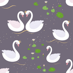 Cotton fabric Seamless Pattern with white Swans and Water Lillies.