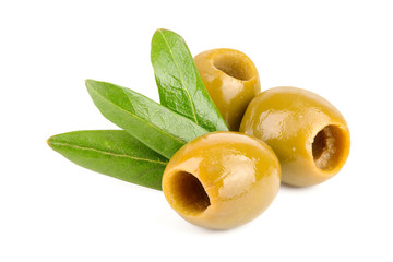 Green olives with leaves isolated on a white background