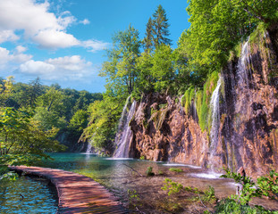 Magical beautiful, breathtaking scenic scenery with waterfalls in the national reserve in Plitvice, Croatia. Charming places.