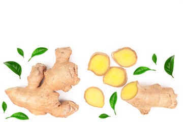 fresh Ginger root and slice isolated on white background with copy space for your text. Top view....