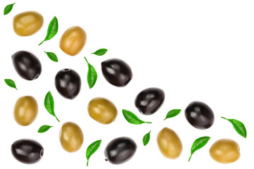 Green and black olives isolated on a white background with copy space for your text. Top view. Flat lay