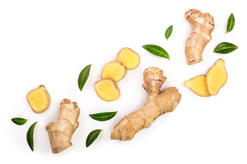 fresh Ginger root and slice isolated on white background with copy space for your text. Top view....