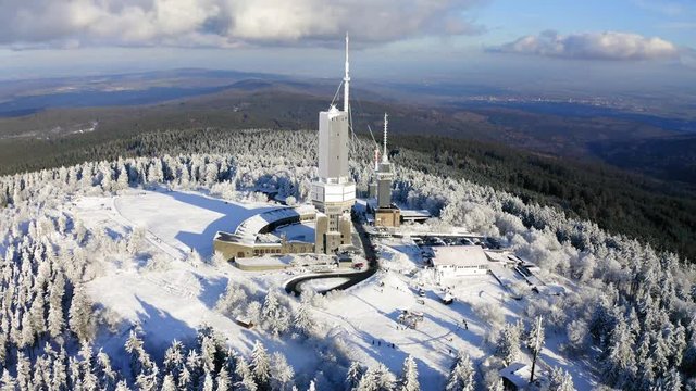 Aerial view, Flight along the transmission tower of the Hessischer Rundfunk in Winter, Grosser Feldberg, Hesse, Germany, Jan 2019