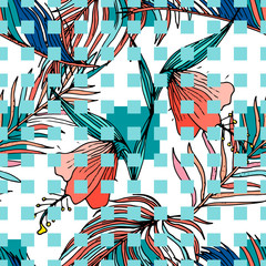 Seamless tropical pattern with coral  palm leaves, exotic flowers, blue square geometric shapes.