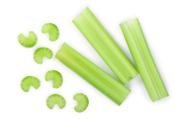 fresh celery isolated on white background.Top view. Flat lay - obrazy, fototapety, plakaty