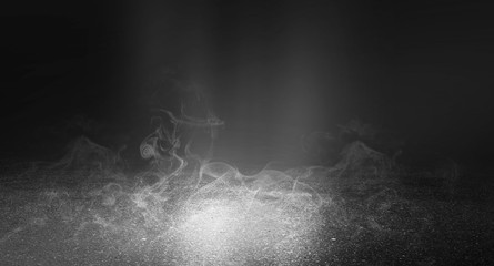 Fototapeta na wymiar Black background of empty street, room, spotlight illuminates asphalt, smoke