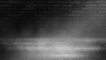 Background of an empty brick wall, illuminated by the light of a neon projector, concrete floor, smoke