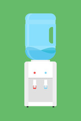 Water cooler for office and home. Bottle office, plastic and liquid. Gray water cooler with blue full bottle and cup. Vector illustration