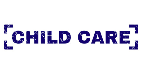 CHILD CARE text seal imprint with corroded texture. Text label is placed inside corners. Blue vector rubber print of CHILD CARE with corroded texture.