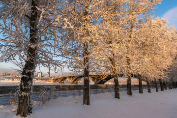 Frosty morning on the Angara embankment