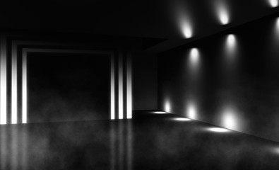 Black background of empty street, room, spotlight illuminates asphalt, laser beams, smoke