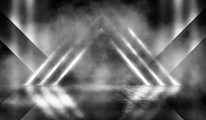 Black background of empty street, room, spotlight illuminates asphalt, laser beams, smoke