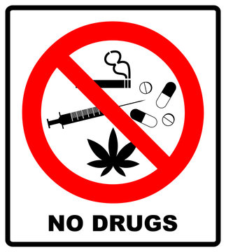 No drugs allowed. No capsule, marijuana, cannabis, tobacco, cocaine and other drugs. Red forbidden symbol.  prohibited illustration isolated on white