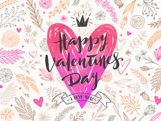 Happy Valentine's day - Greeting card. Brush calligraphy and hand drawn heart on floral pattern background. Vector illustration.