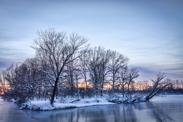 winter landscape with trees in snow on riverbank
