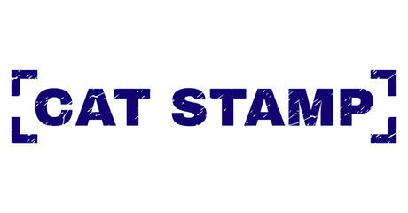 CAT STAMP caption seal watermark with corroded effect. Text caption is placed between corners. Blue vector rubber print of CAT STAMP with corroded texture.